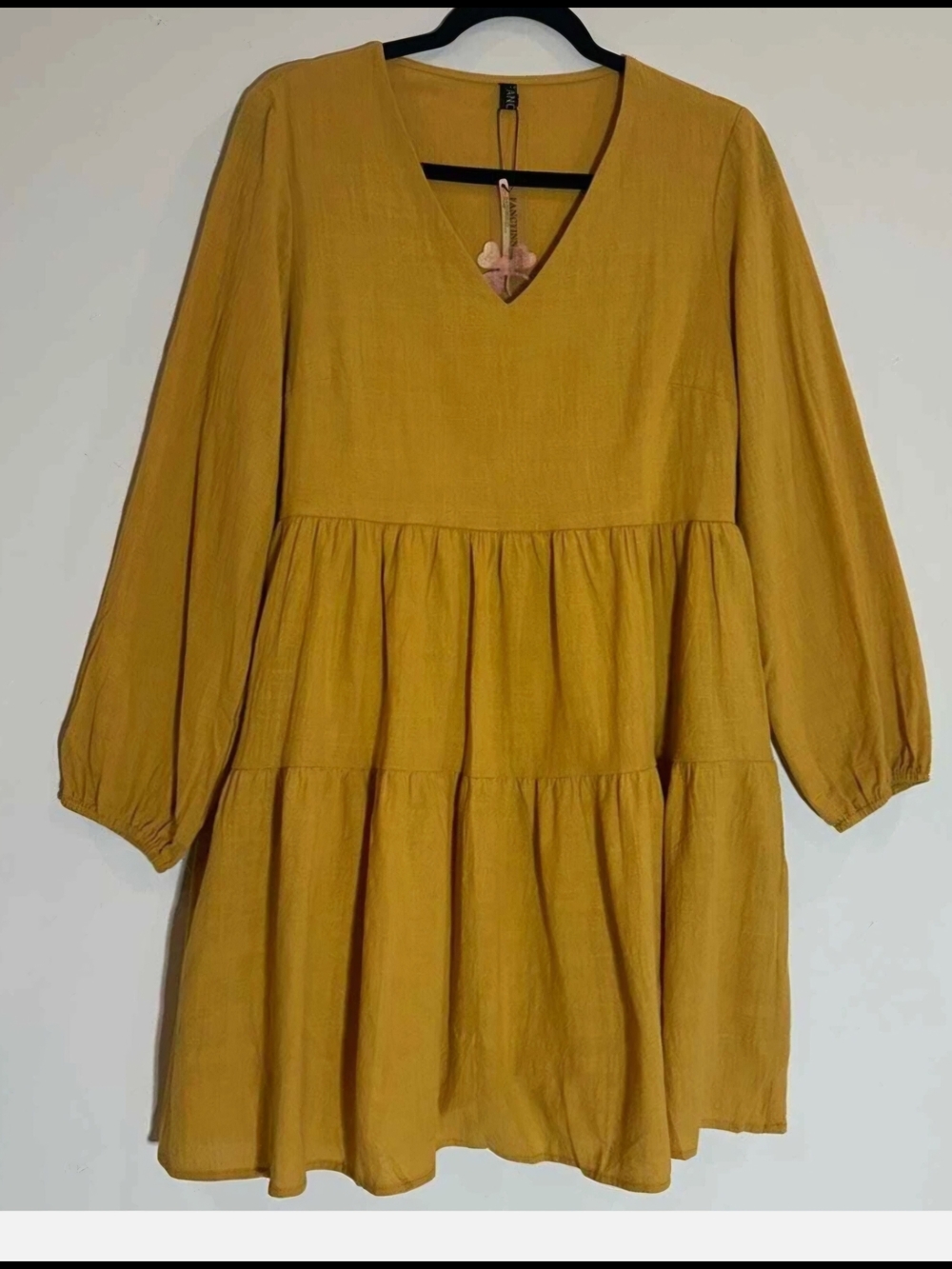 Fancyinn Mustard Yellow Tiered V-Neck Mini Dress